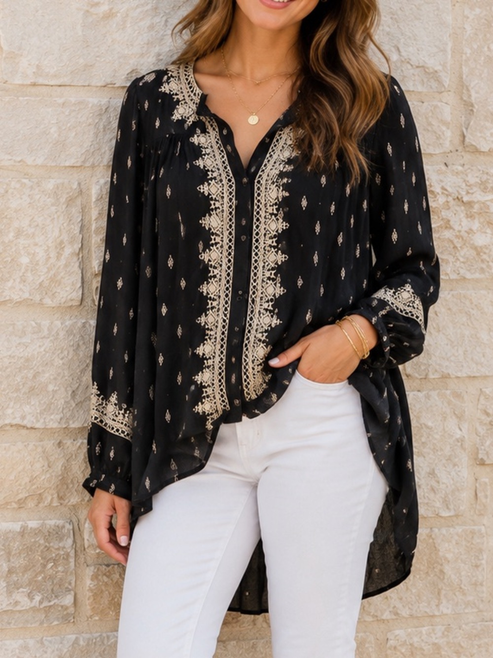 Lucky Brand Black Embroidered Tunic Top Boho Festival Small